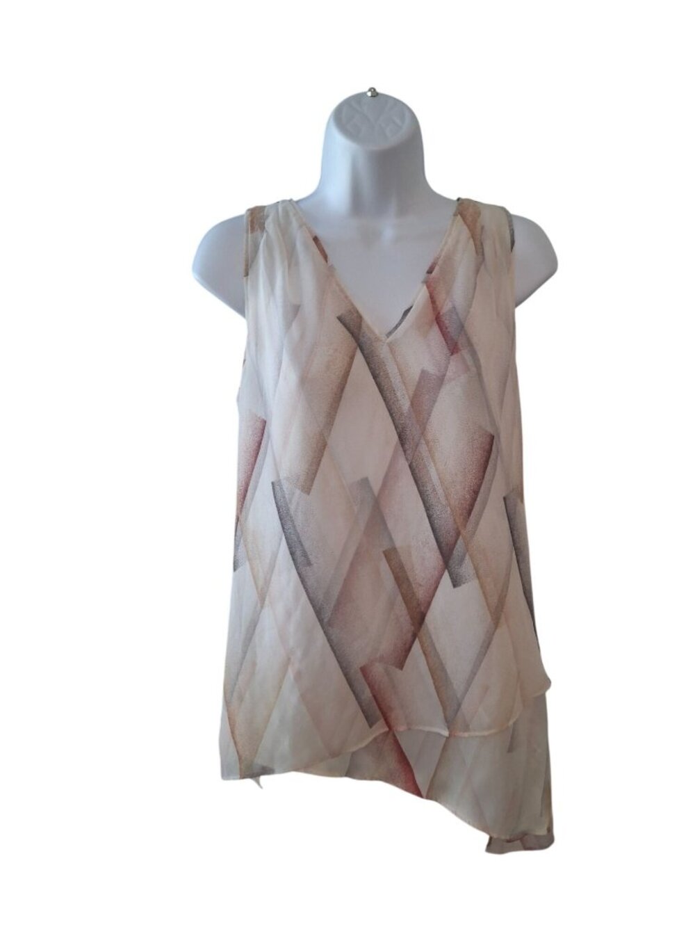 WHBM Geometric Sleeveless Blouse M  Cream Pink Preppy Chic Workwear Minimal